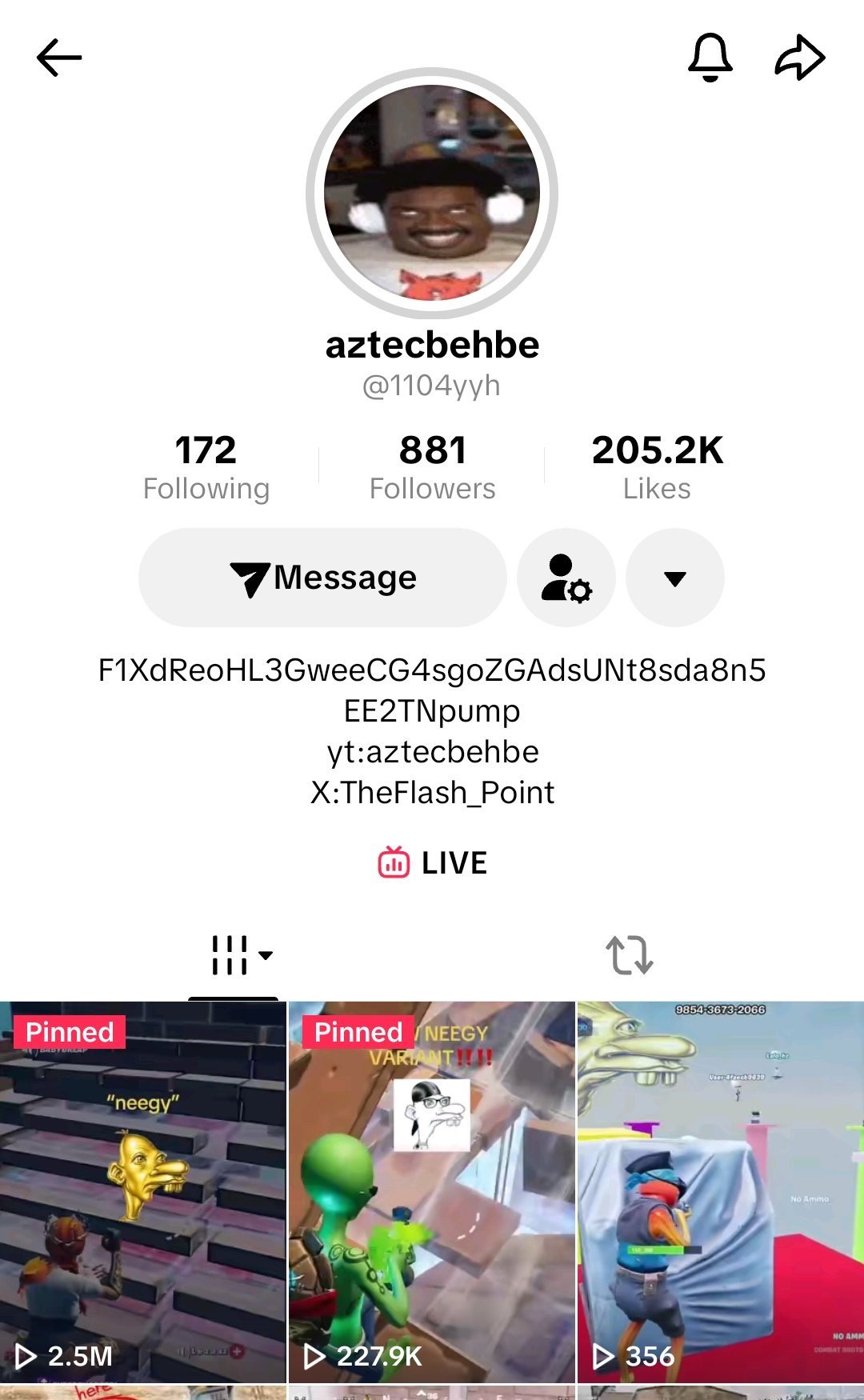 @1104yyh's TikTok profile showing the $NEEGY contract address in his bio, alongside his original 2.5M-view Neegy video